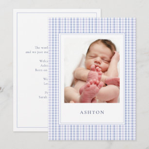 Tarjeta de anuncio de nacimientos Blue Gingham Bab