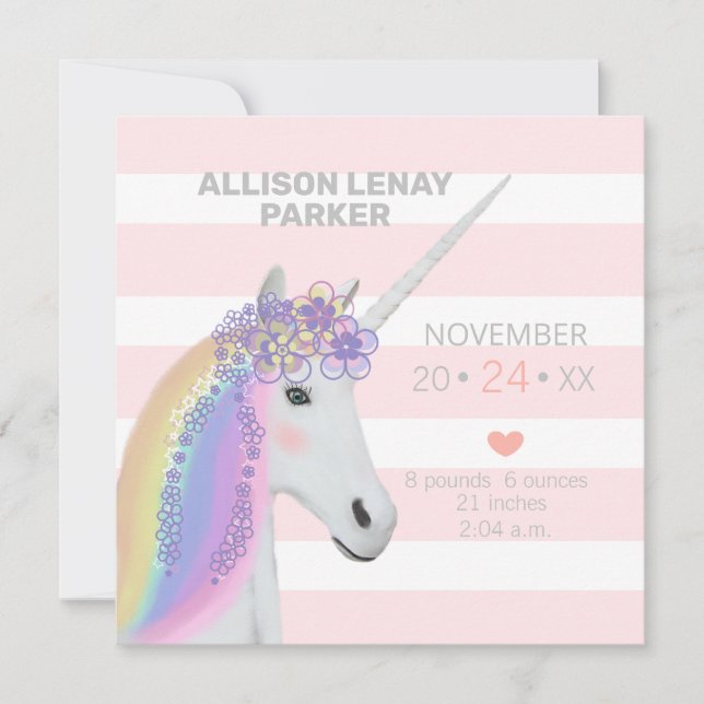 Tarjeta de anuncio de natalidad rosa de Unicornio  (Anverso)
