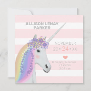 Tarjeta de anuncio de natalidad rosa de Unicornio 