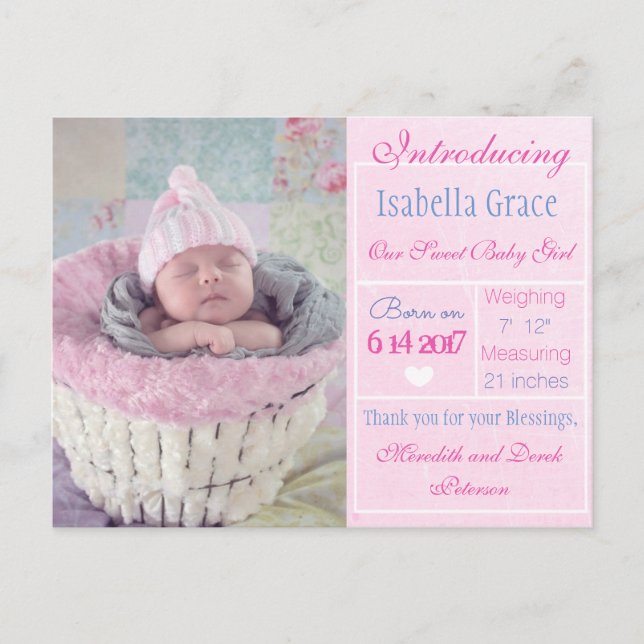 Tarjeta de Anuncio de Nueva Bebé Niña (Anverso)