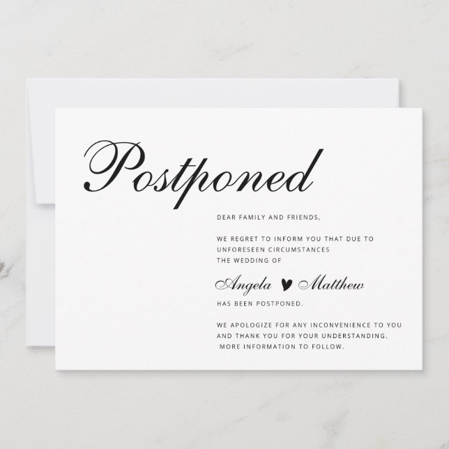 Tarjeta de anuncio de posposición de boda moderna  (Anverso)