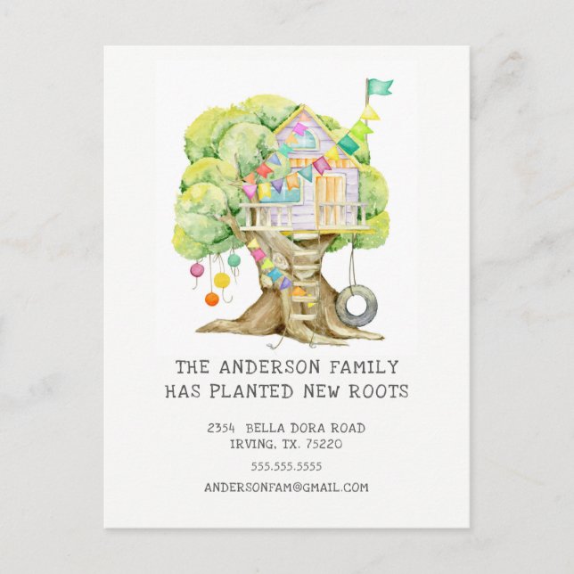 Tarjeta de anuncio de traslado de casa del árbol (Anverso)