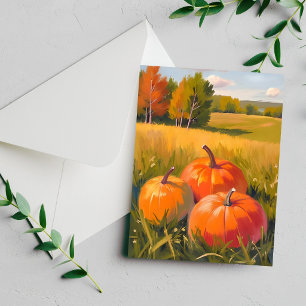 Tarjeta de aquarela de calabazas de otoño en prado