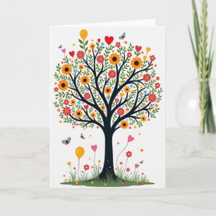 Tarjeta de árbol con globos de cumpleaños