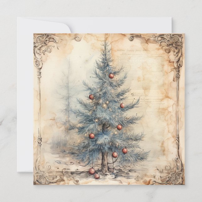 Tarjeta de árbol de navidad azul vintage (Anverso)