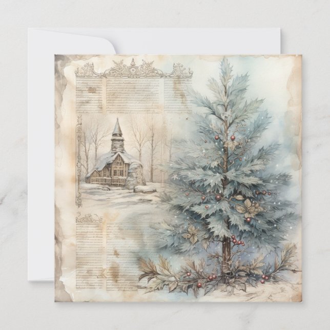 Tarjeta de árbol de navidad azul vintage (Anverso)
