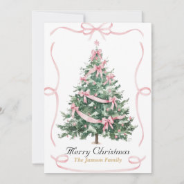 Tarjeta de árbol de Navidad con elegante lazo rosa