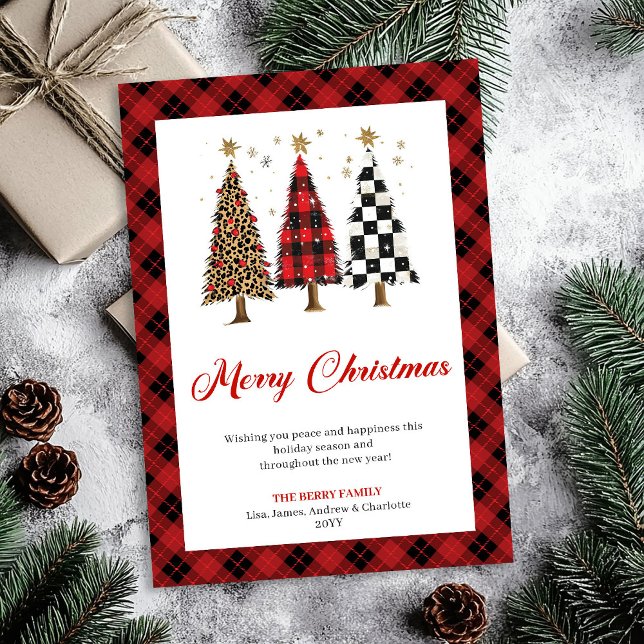 Tarjeta de árbol de Navidad con estampado de leopa (Elegant Buffalo Plaid Christmas Tree Leopard Card)