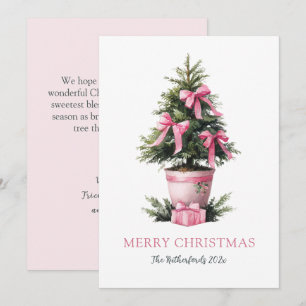 Tarjeta de árbol de Navidad con lazos rosados