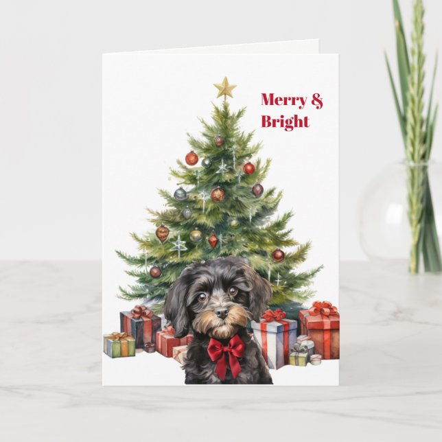 Tarjeta de árbol de Navidad con perro Cavapoo de l (Anverso)