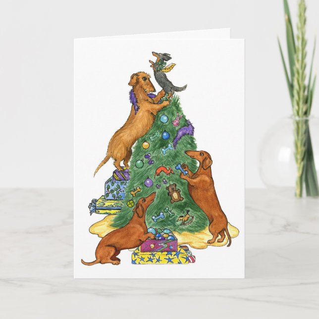 Tarjeta de árbol de Navidad Dachshund (Anverso)