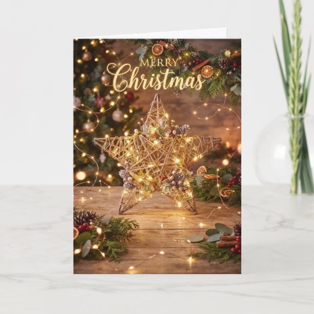 Tarjeta de árbol de Navidad de oro rústico (Anverso)