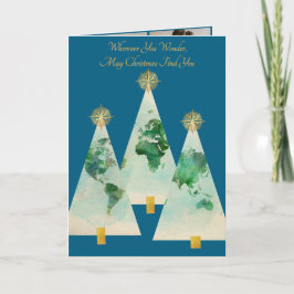 Tarjeta de árbol de navidad del mapa del mundo ant