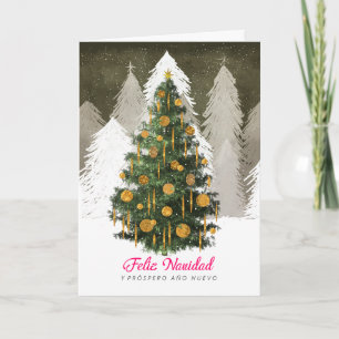 Tarjeta de árbol de Navidad en la nieve en español