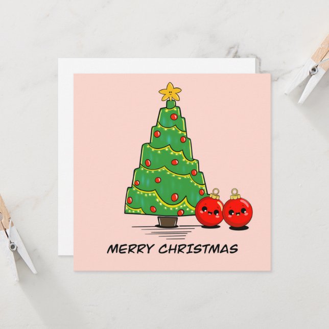 Tarjeta de árbol de navidad mínima - Fiesta Kawaii (Anverso/Reverso In Situ)