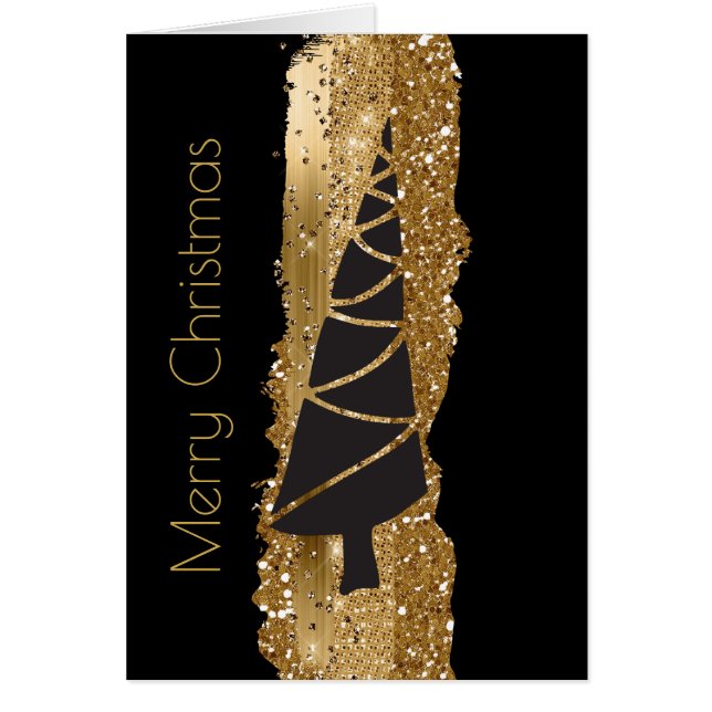 Tarjeta de árbol de Navidad moderna en negro y oro (Frente)