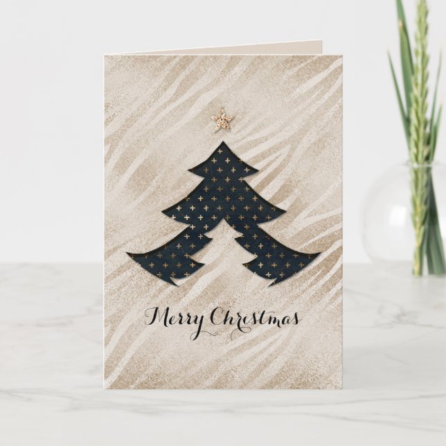 Tarjeta de árbol de Navidad moderna en negro y oro (Anverso)