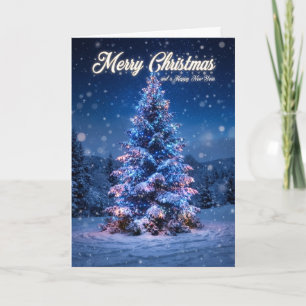 Tarjeta de árbol de Navidad nevado azul