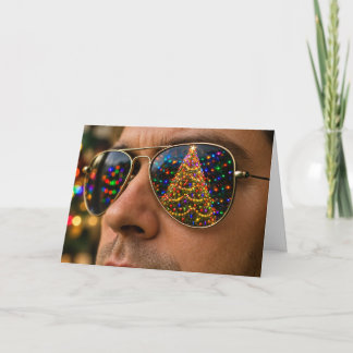 Tarjeta de árbol de Navidad reflejada en gafas de 