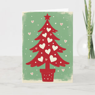 Tarjeta de árbol de Navidad rojo con corazones bla