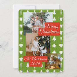 Tarjeta de árbol de Navidad rojo + verde con 3 fot