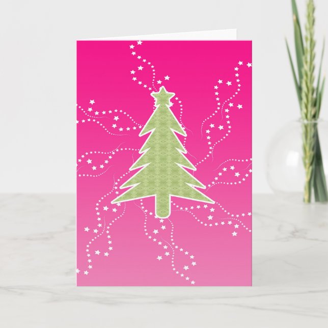 Tarjeta de árbol de Navidad rosa caliente y estrel (Anverso)