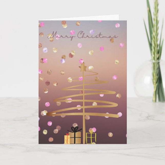 Tarjeta de árbol de navidad Rosa Gold & Gold Swirl (Anverso)