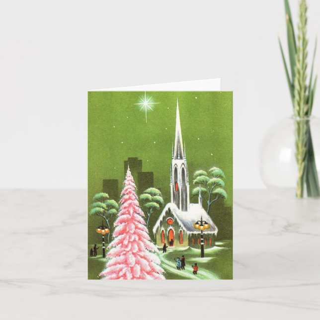 Tarjeta de árbol de Navidad rosa vintage (Anverso)