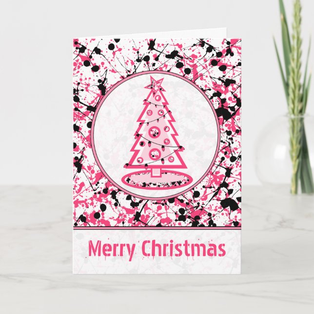 Tarjeta de árbol de navidad rosa y negro (Anverso)