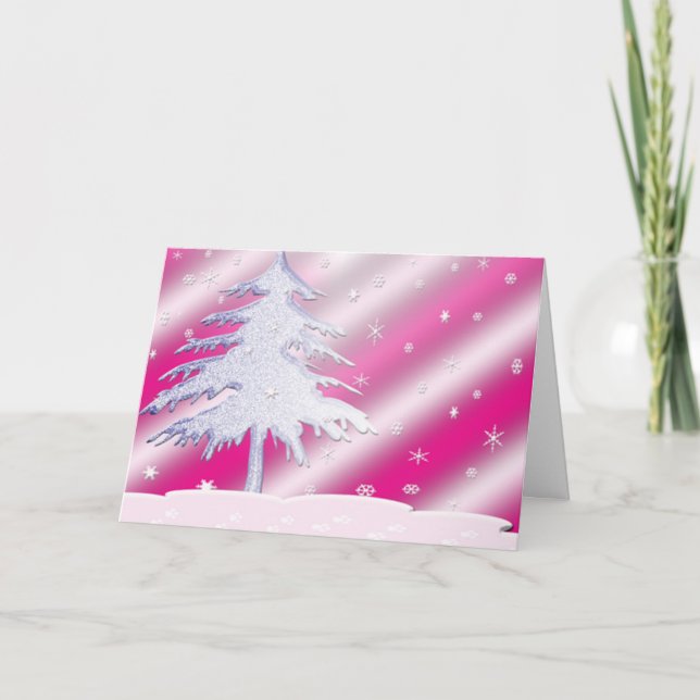 Tarjeta de árbol de Navidad rosa y púrpura (Anverso)
