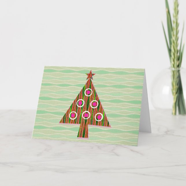 Tarjeta de árbol de Navidad verde rosa estilo retr (Anverso)