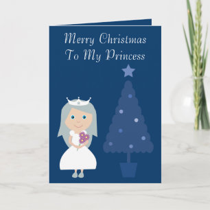 Tarjeta de árbol de Navidad y princesa azul y blan