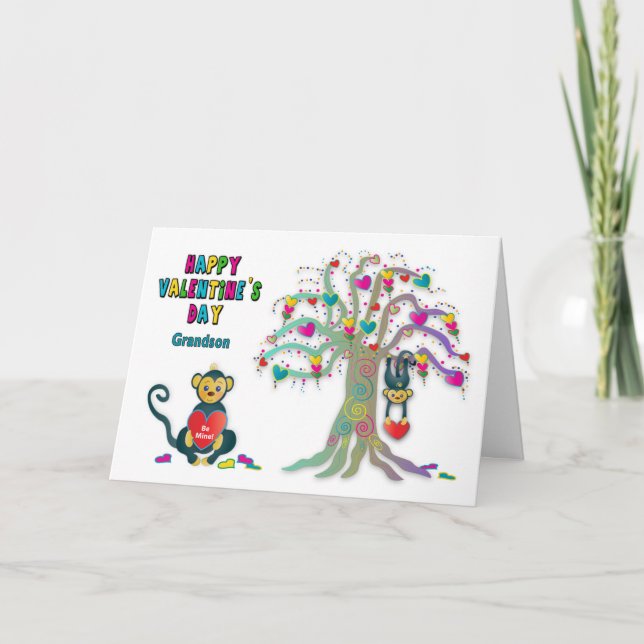 Tarjeta de árbol del corazón del mono para nietos  (Anverso)