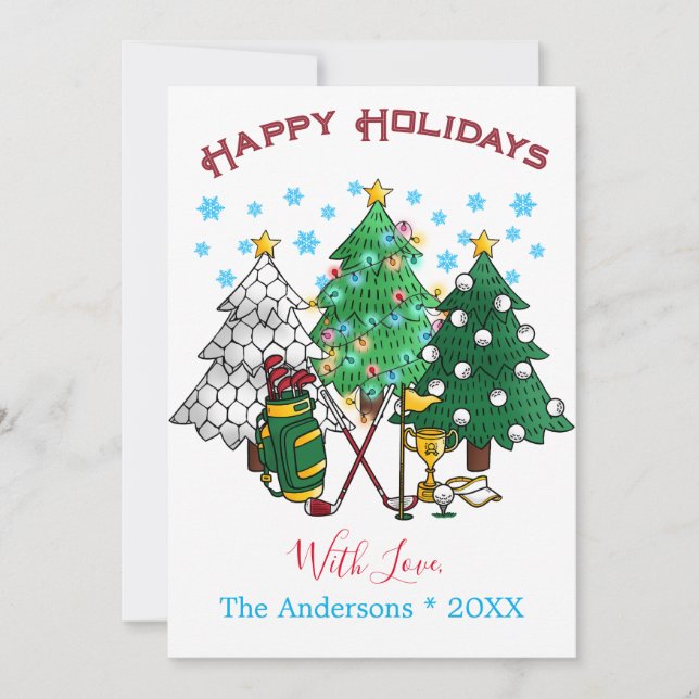 Tarjeta de árbol navideño de golf Happy Holidays (Anverso)