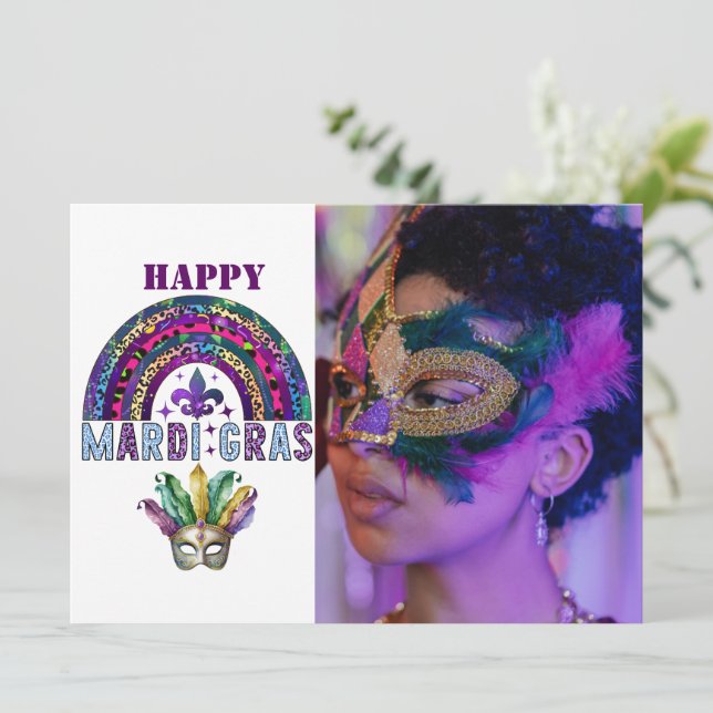 Tarjeta de arcoiris y máscara Mardi Gras (Anverso de pie)
