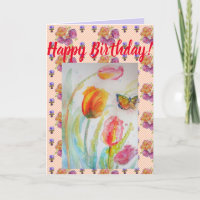 Tarjeta de arte colorida Tulipán y mariposa