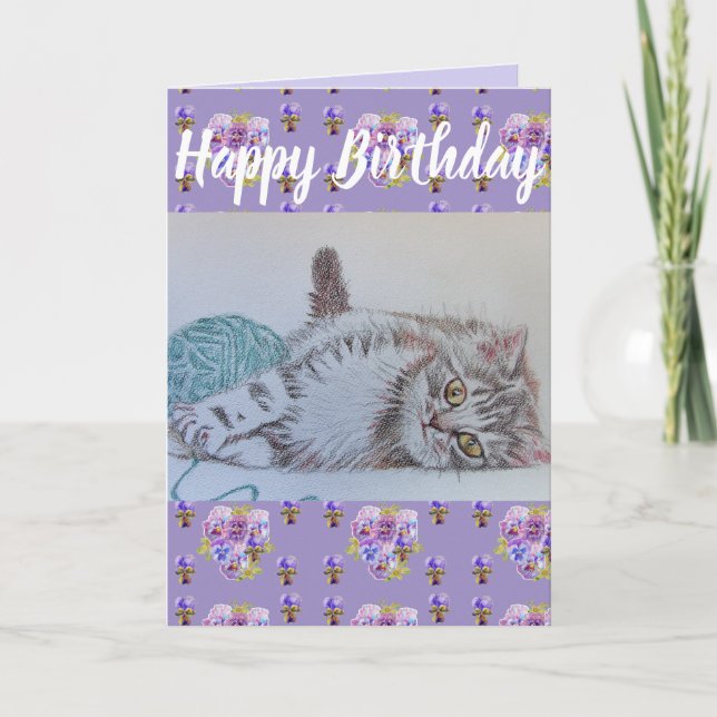 Tarjeta de arte Cute Cat Flower Floral Purple Bird (Anverso)