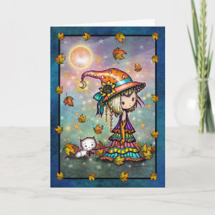 Tarjeta de arte de bruja adorable y gato lindo