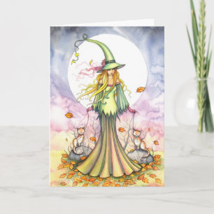 Tarjeta de Arte de Bruja y Gato de Halloween