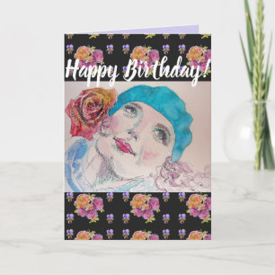 Tarjeta de arte de cumpleaños feliz de la mujer ro