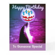 Tarjeta de arte de delfín morado feliz cumpleaños