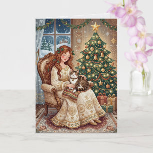 Tarjeta de arte de gato de Navidad caprichoso y do