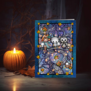 Tarjeta de arte de hadas de Halloween búhos y gato