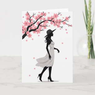 Tarjeta de arte de mujer de flor de cerezo rosa