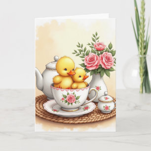 Tarjeta de arte de pájaros lindos en taza de té