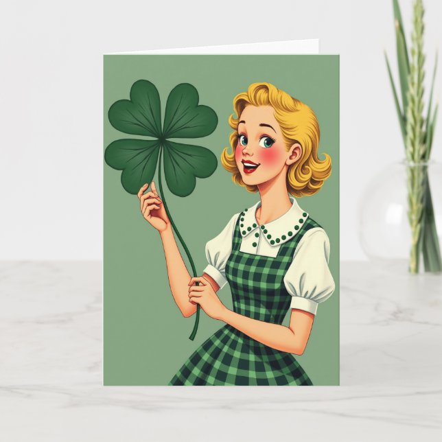 Tarjeta de arte de rubia afortunada al estilo retr (Anverso)