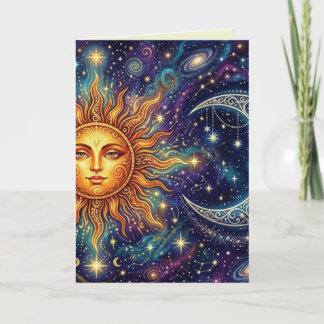 Tarjeta de arte en blanco de luna y sol místicos