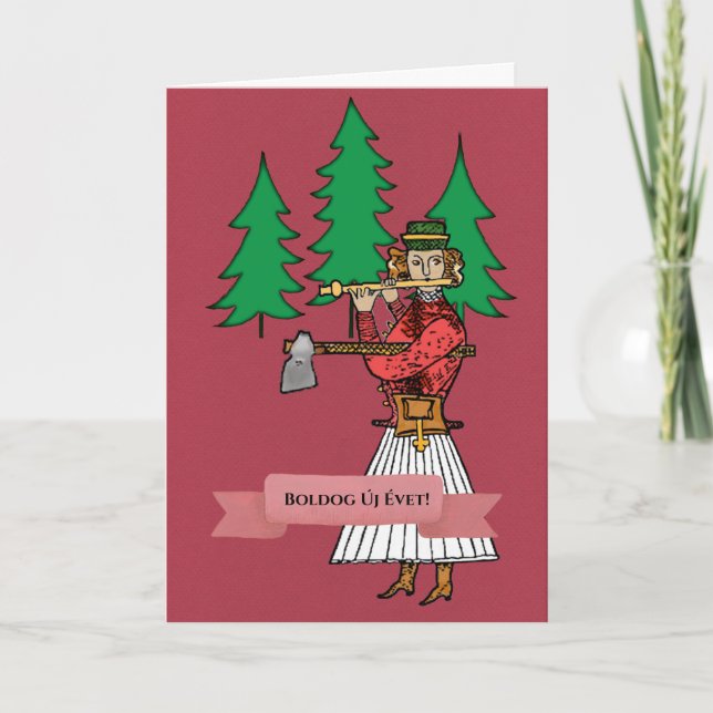 Tarjeta de arte folclórico húngaro Woodsman con ár (Anverso)