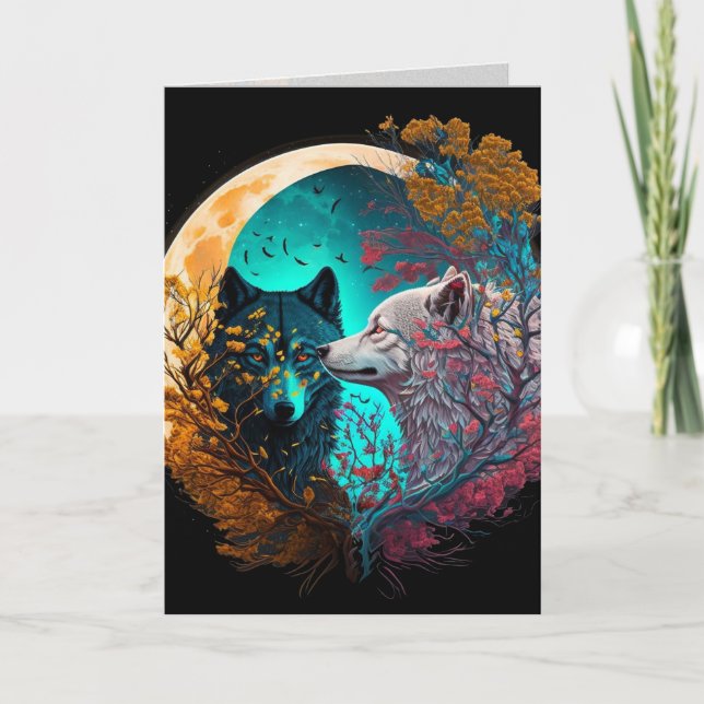 Tarjeta de arte gráfico de Yin Yang de lobo (Anverso)
