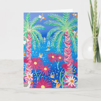 Tarjeta de arte:Mar Azul tropical y palmeras rosad
